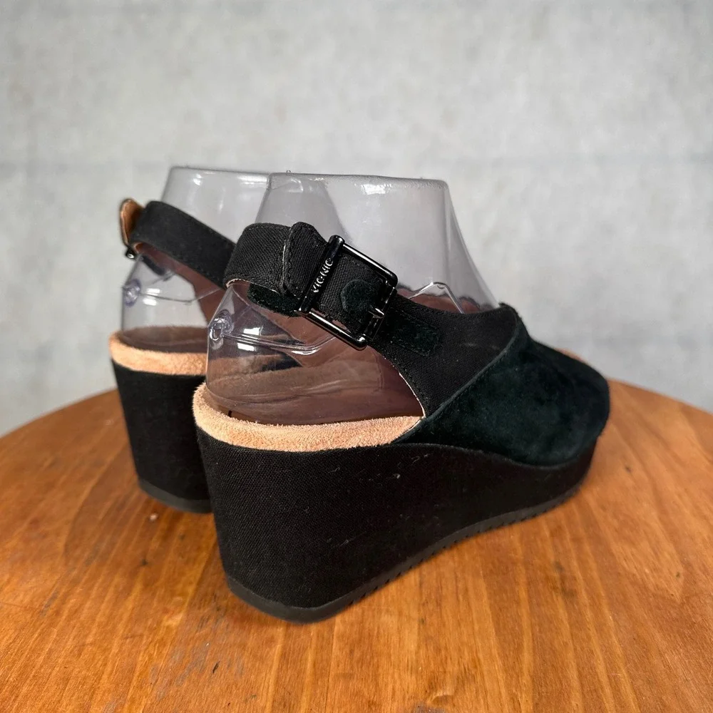 Vionic Trixie Wedge Sandals Womens 6.5 Black Good Suede Peep Toe 10010569